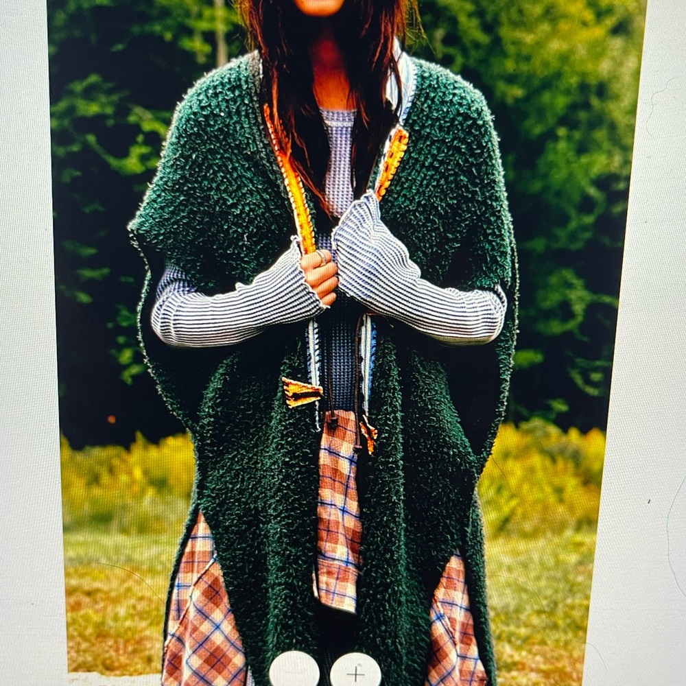 Free People Forest Green Bouclé Poncho with Yellow Trim